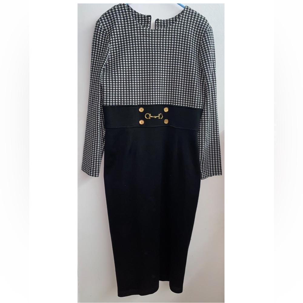 Elegant Houndstooth & Black Midi Dress